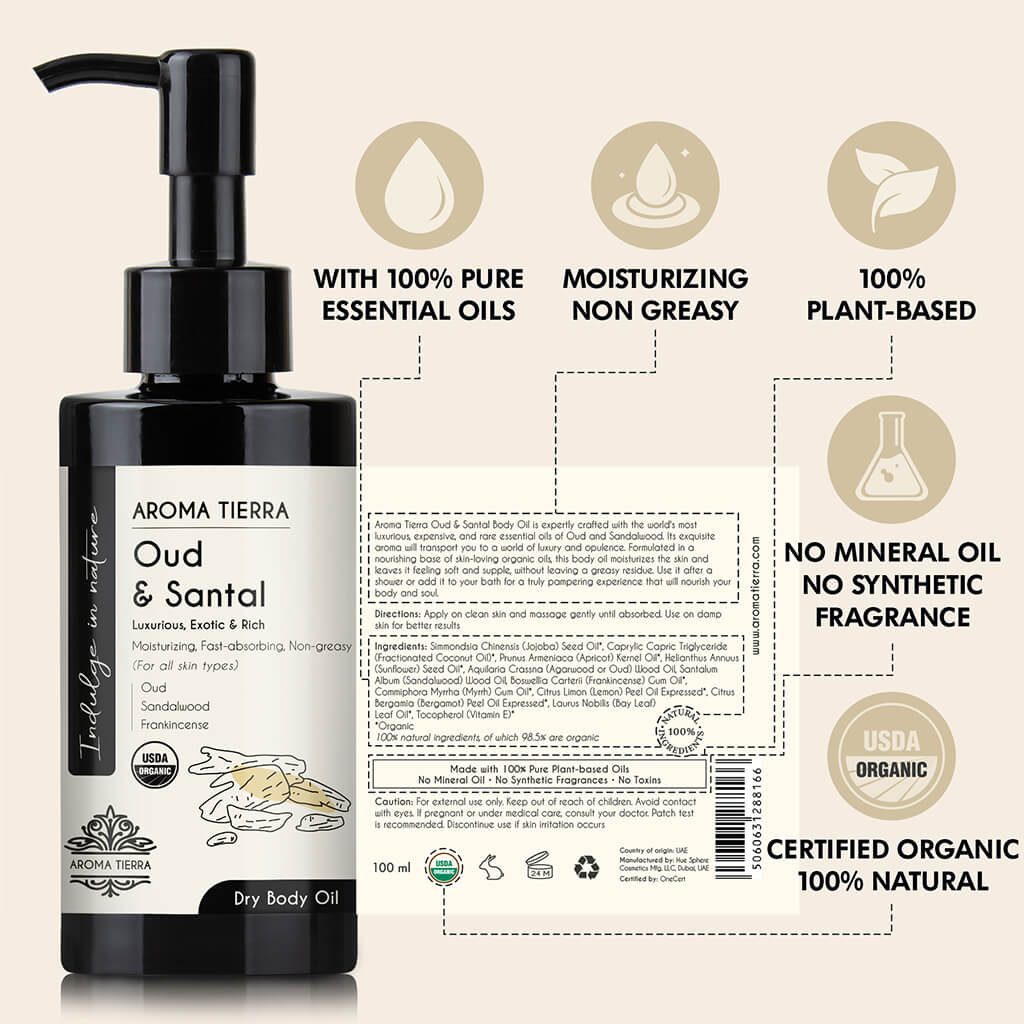 Aroma Tierra  Oud Santal body oil with 100% pure oud, sandalwood and frankincense essentials oils.