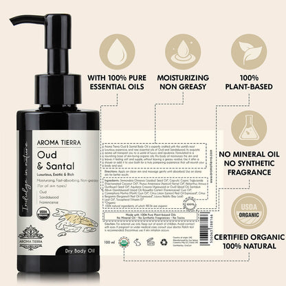 Aroma Tierra  Oud Santal body oil with 100% pure oud, sandalwood and frankincense essentials oils.