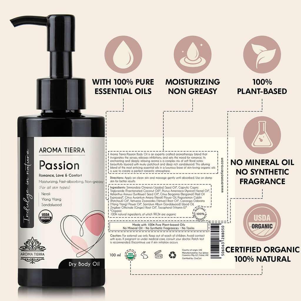 Aroma Tierra Passion dry body oils contains neroli, ylang ylang, patchouli, and sandalwood