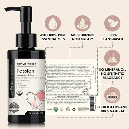 Aroma Tierra Passion dry body oils contains neroli, ylang ylang, patchouli, and sandalwood