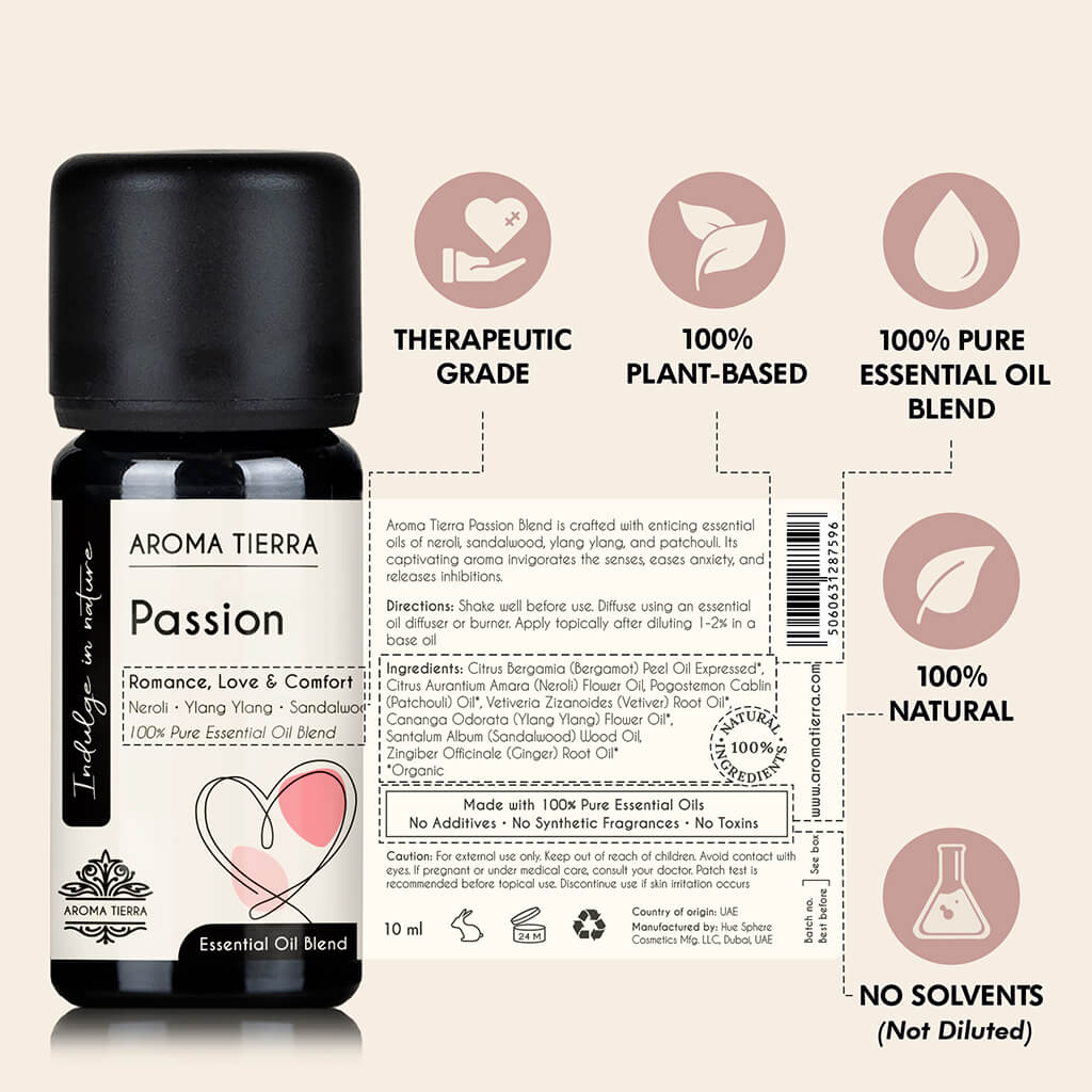 Aroma Tierra Passion essential oil blend easy application, undiluted, no solvent, therapeutic grade, no additives 