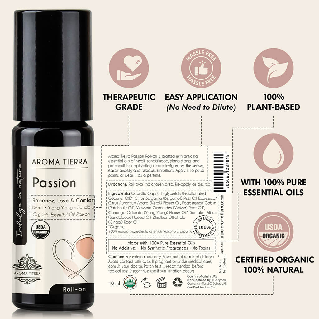 Aroma Tierra Passion Roll-on essential oil easy application, undiluted, no solvent, therapeutic grade, no additives 
