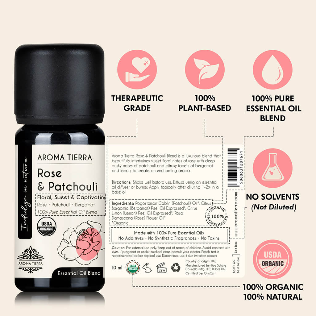 Aroma Tierra Certified Organic Rose and Patchouli essential oil blend with  no mineral oil, no solvent, 100% pure and organic, undiluted, high concentrated 