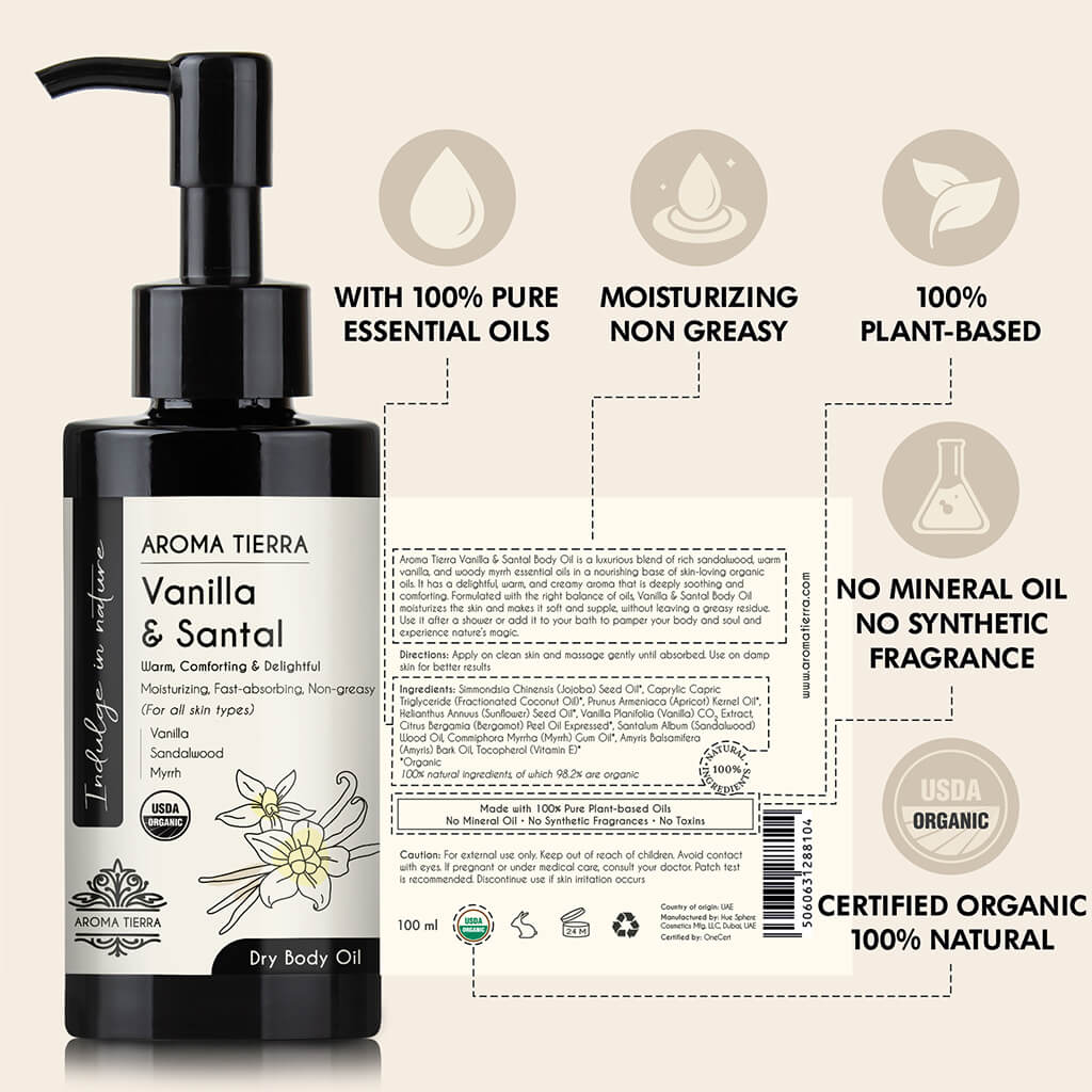 Aroma Tierra Vanilla Santal dry body oils contains vanilla, sandalwood and myrrh.