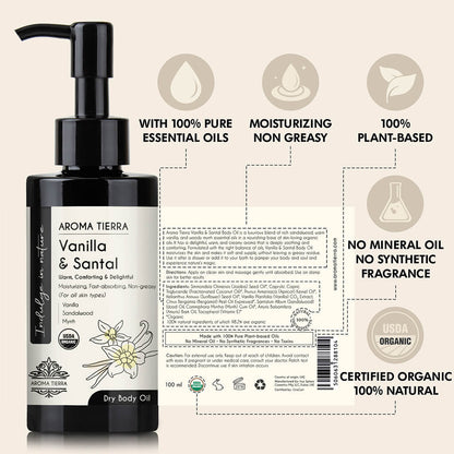 Aroma Tierra Vanilla Santal dry body oils contains vanilla, sandalwood and myrrh.