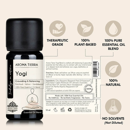 Aroma Tierra Yogi essential oil blend easy application, undiluted, no solvent, therapeutic grade, no additives, 100% pure and organic.