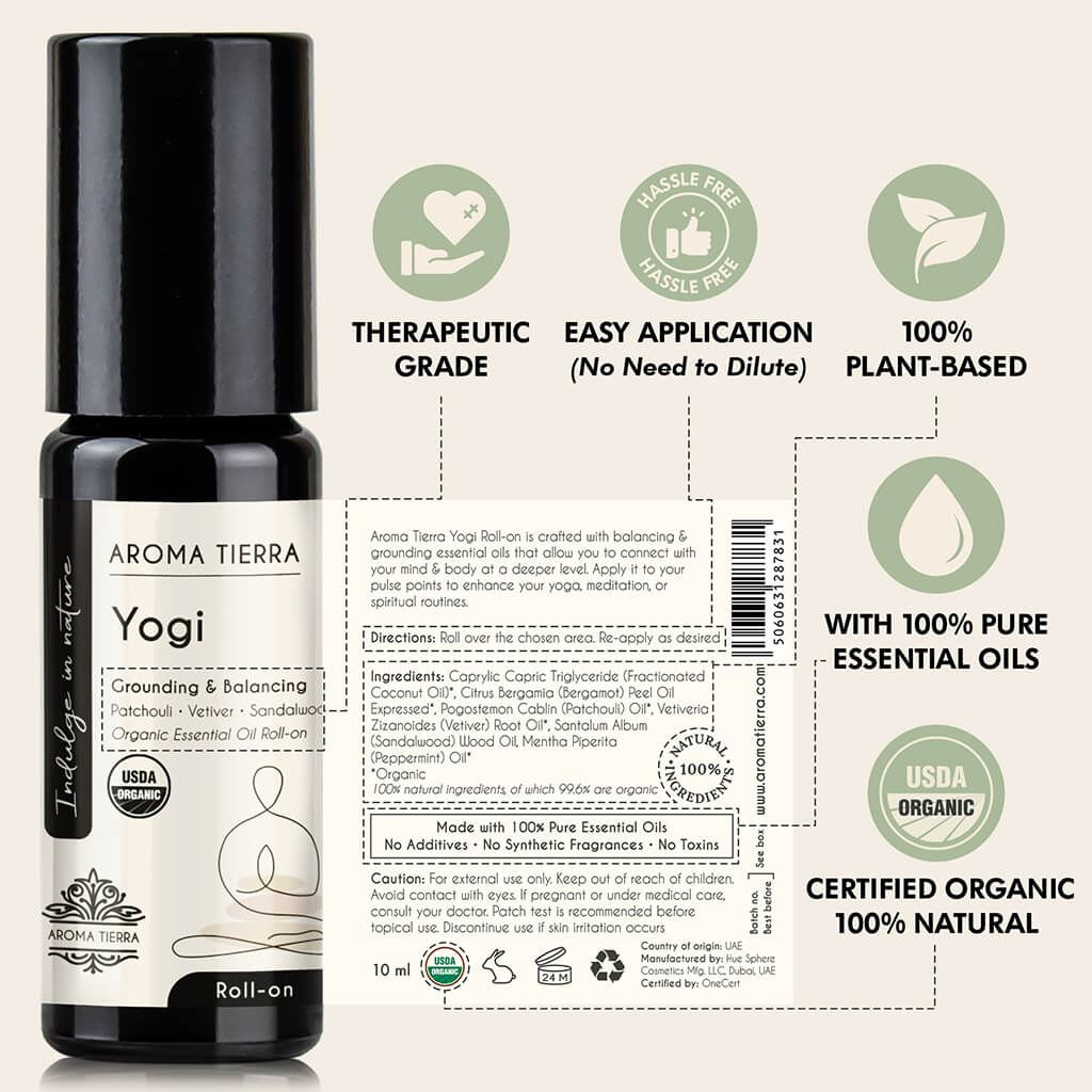 Aroma Tierra Yogi Roll-on essential oil easy application, undiluted, no solvent, therapeutic grade, no additives 