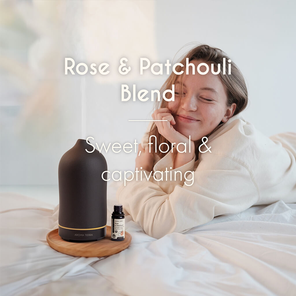 100% Pure Organic Rose and Patchouli essential oil blend with enchanting aroma, no synthetic fragrance 
