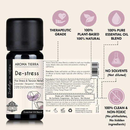 Aroma Tierra De-stress Essential Oil Blend bottle with open label showing 100% natural, therapeutic-grade, plant-based, and solvent-free claims