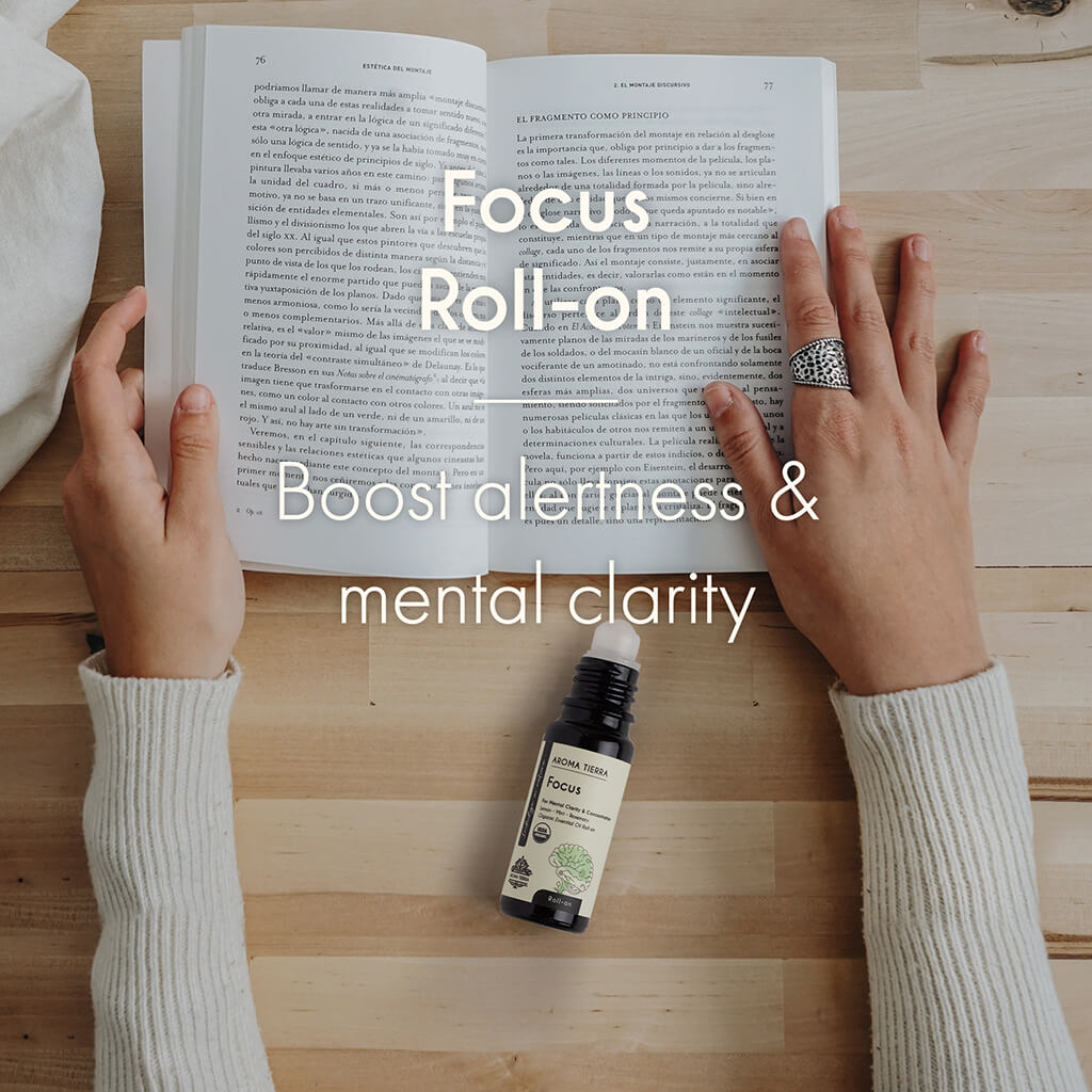 100% Certified Organic and Natural Aroma Tierra  Focus Roll-on essential oil  promote alertness, and help stay focussed on work, study, or driving.
