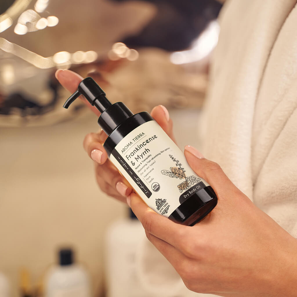 Aroma Tierra  Frankincense & Myrrh body oil with 100% pure essential oils, no fillers, no mineral oil, no synthetic fragrance.