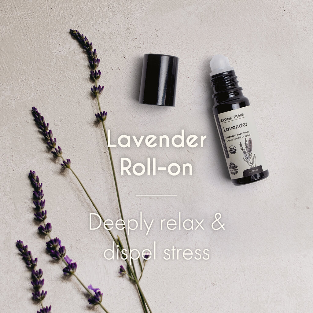 100% Certified Organic and Natural Aroma Tierra Lavender Roll-on essential oil to dispel stress, fight fatigue, alleviate headaches.