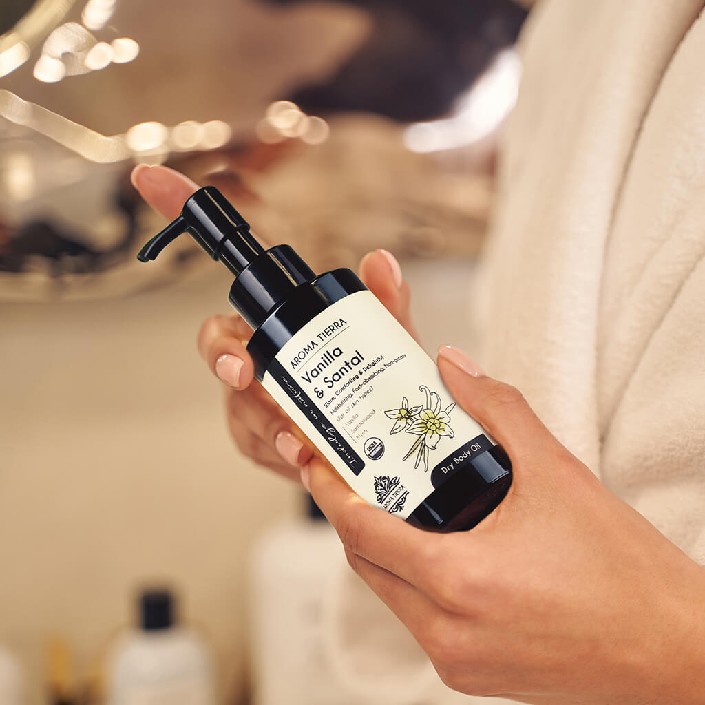  Vanilla Santal dry body oil natural massage oil, non greasy fast absorbing, after shower 