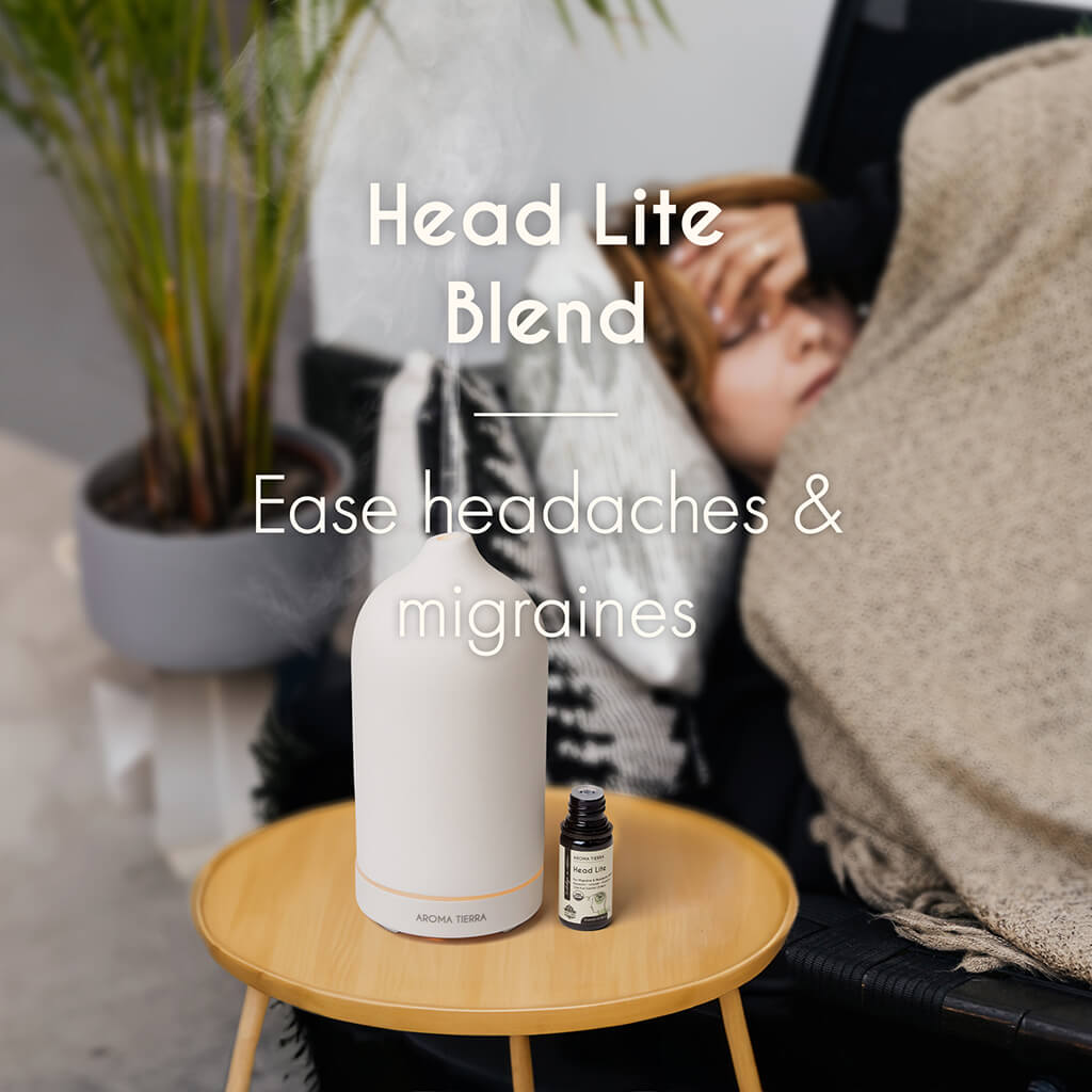 100% Certified Organic and Natural Aroma Tierra Head Lite essential oil blend promotes blood circulation, relaxing tense muscles, and numbing pain.