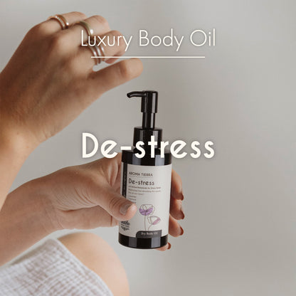 Aroma Tierra Certified Organic De-stress luxury body oil,  deeply relax your body and mind.