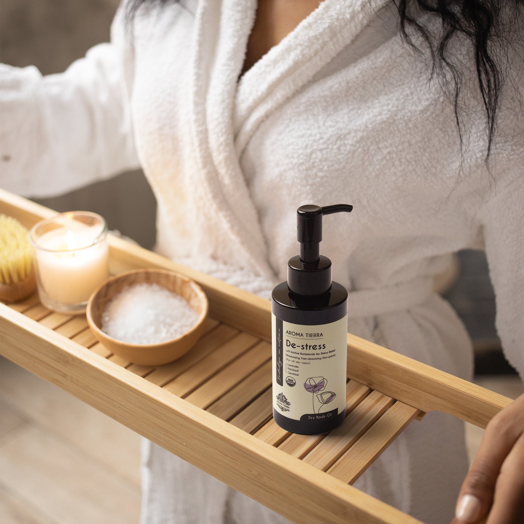 Aroma Tierra De-stress body oil with lavender, patchouli, geranium.
