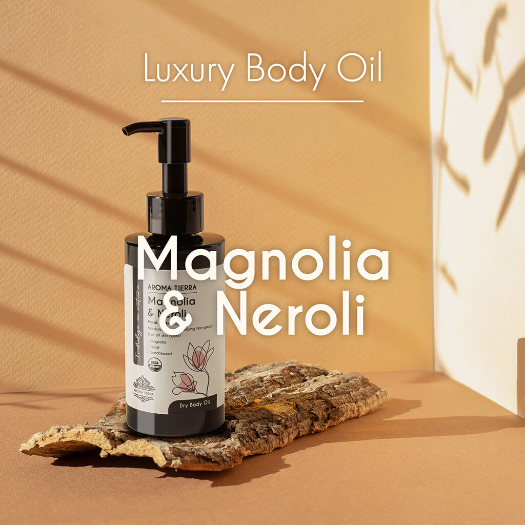 100% Pure Organic Magnolia Neroli Body Oil with intense, cheerful, floral, and bright aroma.