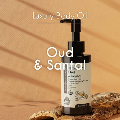 Aroma Tierra Oud Santal dry body oil moisturizes the skin and leaves it feeling soft and supple.