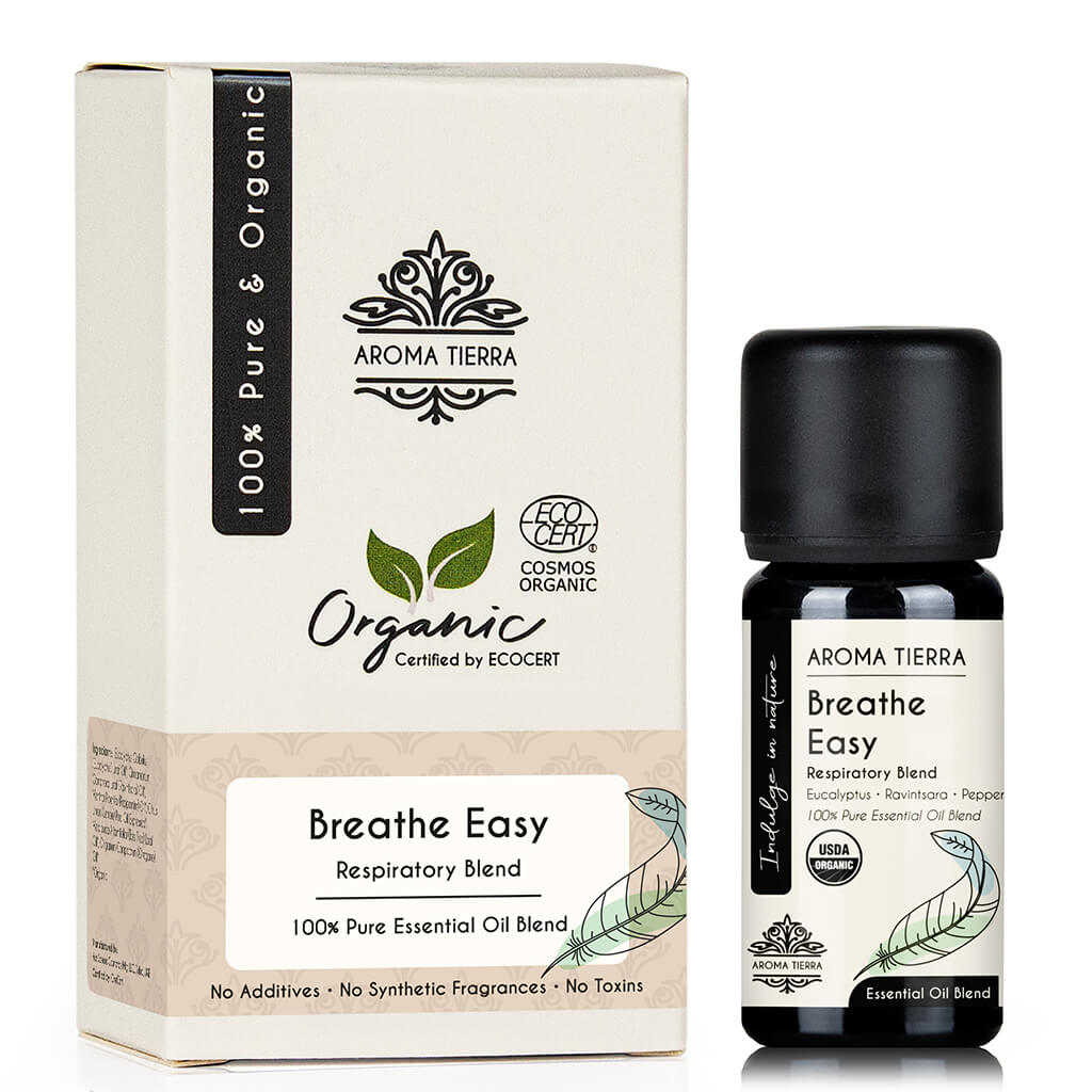 Aroma Tierra Organic Breathe Easy essential oil blended eucalyptus, ravintsara and peppermint.
