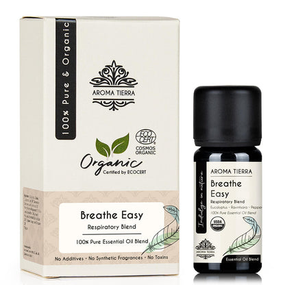 Aroma Tierra Organic Breathe Easy essential oil blended eucalyptus, ravintsara and peppermint.
