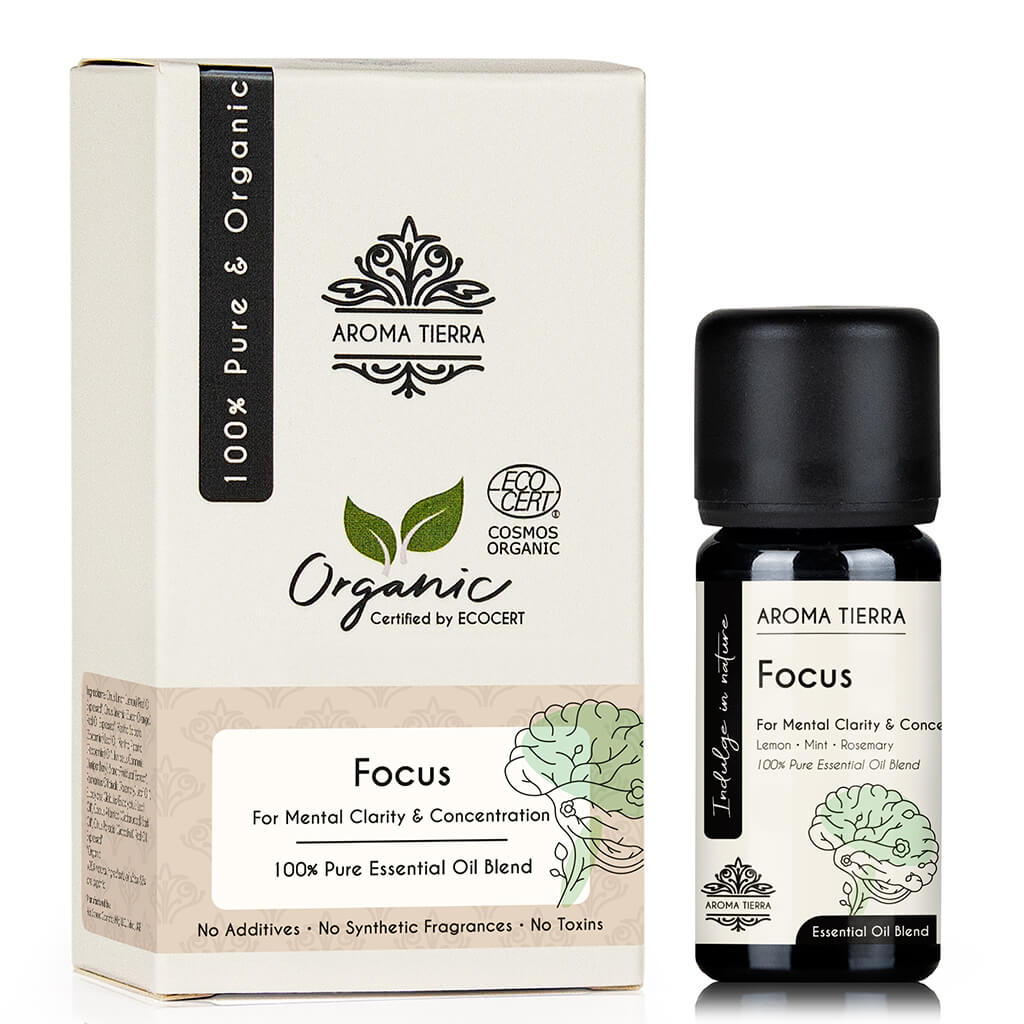Aroma Tierra Organic Focus  essential oil blended with mint, lemon, rosemary.