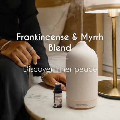 100% Certified Organic and Natural Aroma Tierra Frankincense & Myrrh essential oil blend soothing the mind and body
