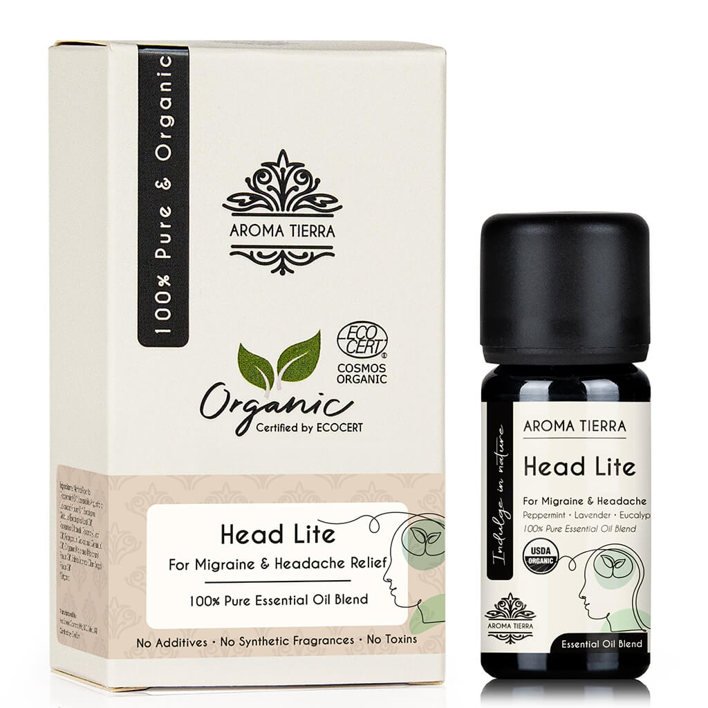 Aroma Tierra Head Lite essential oil blend with organic peppermint, rosemary, eucalyptus, marjoram, lavender, geranium, clary sage