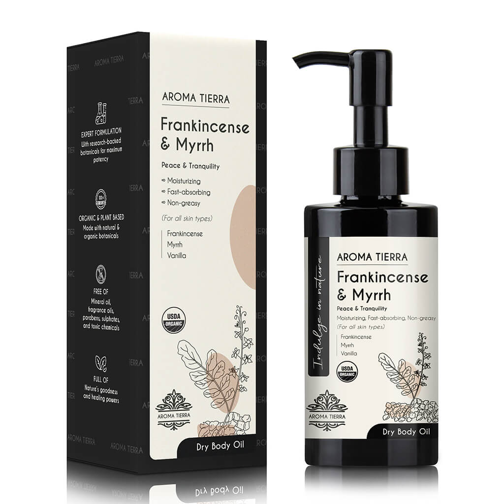 Aroma Tierra  Frankincense & Myrrh best natural massage oil, non greasy fast absorbing. After shower dry body oil. 