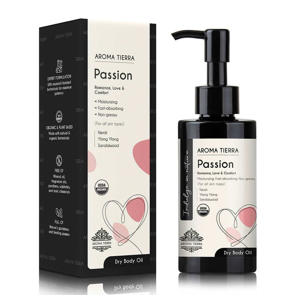 Passion dry body oil  aromatic blend that invigorates the senses, releases inhibitions, and sets the mood for romance.