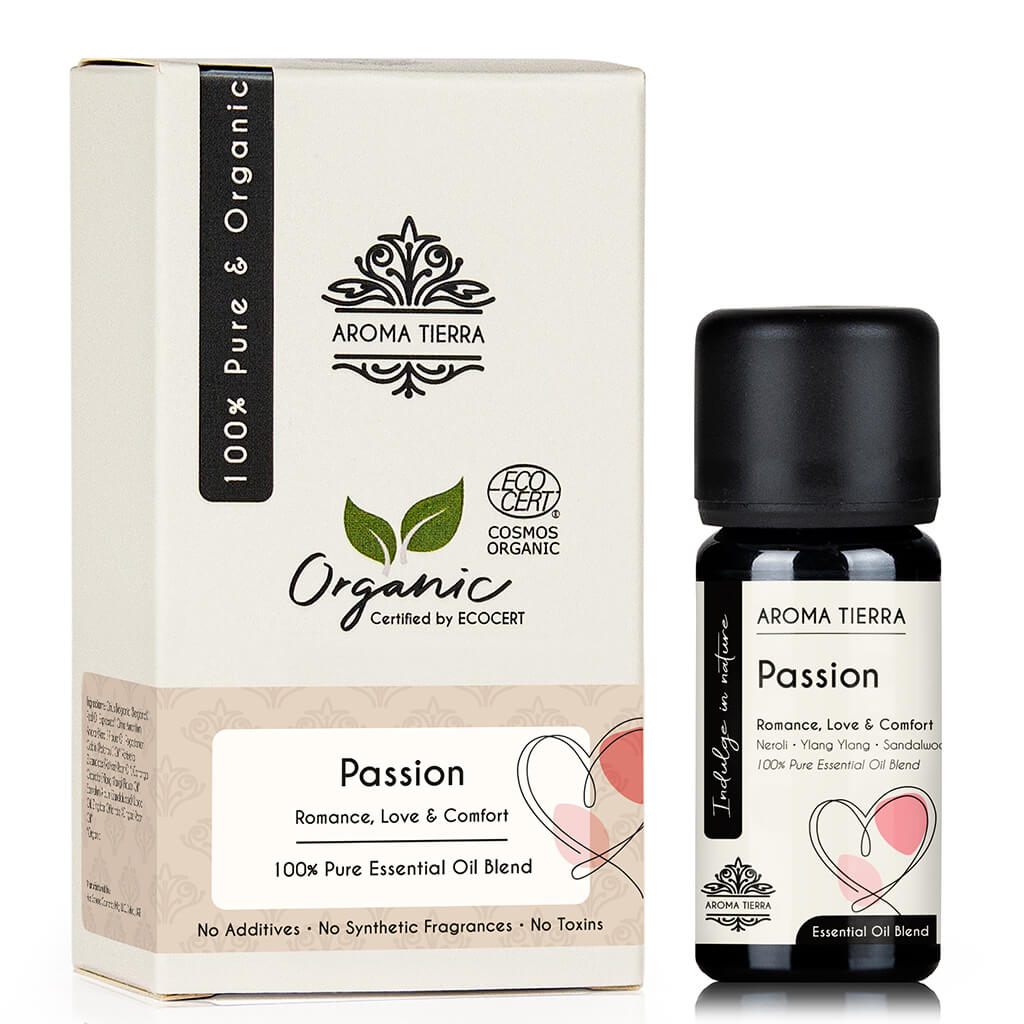 Aroma Tierra Organic Passion essential oil blended with patchouli, ylang ylang, sandalwood and neroli.