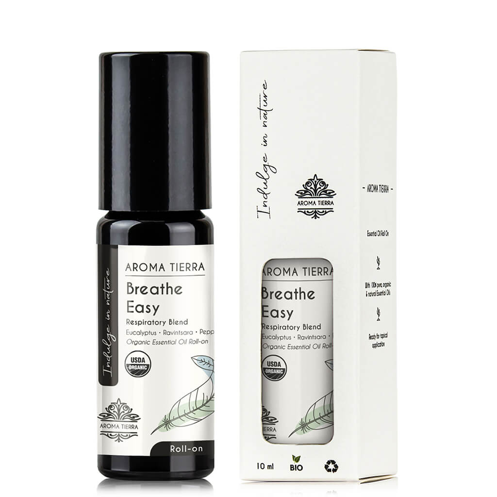 Aroma Tierra Organic Breathe Easy Roll-on essential oil eucalyptus, ravintsara and peppermint.