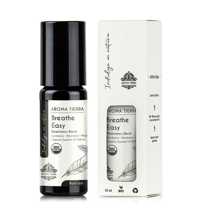 Aroma Tierra Organic Breathe Easy Roll-on essential oil eucalyptus, ravintsara and peppermint.