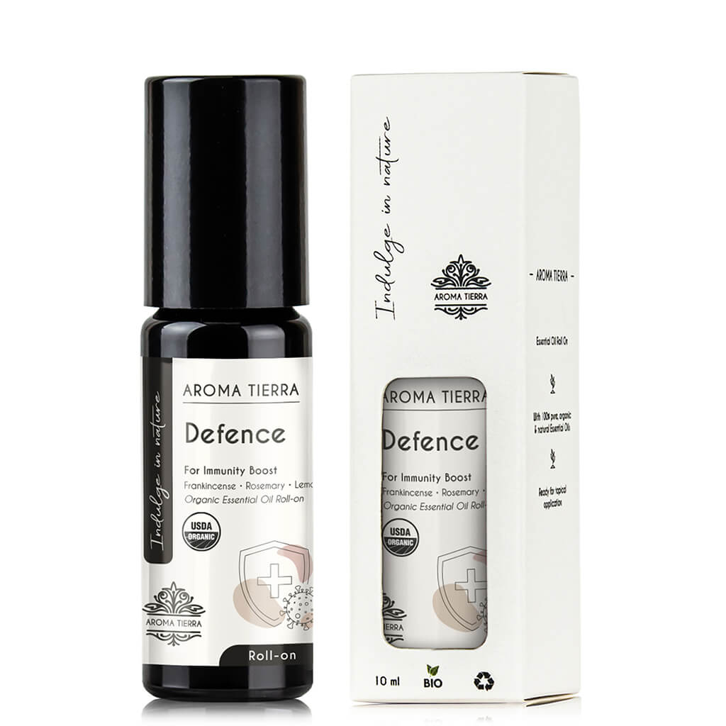 Aroma Tierra Organic Defence roll-on essential oil with frankincense, lemon, rosemary.
