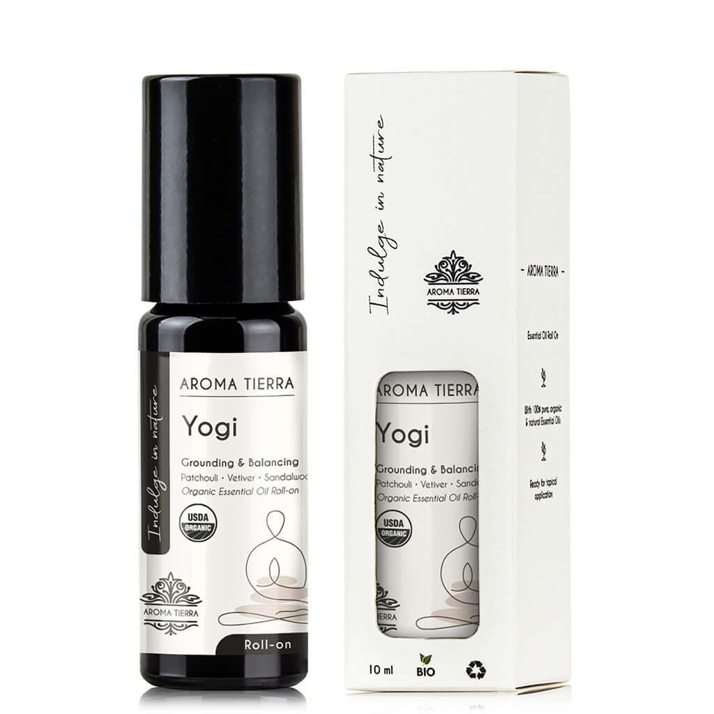Aroma Tierra Organic Yogi roll-on essential oil with patchouli, vetiver, sandalwood
