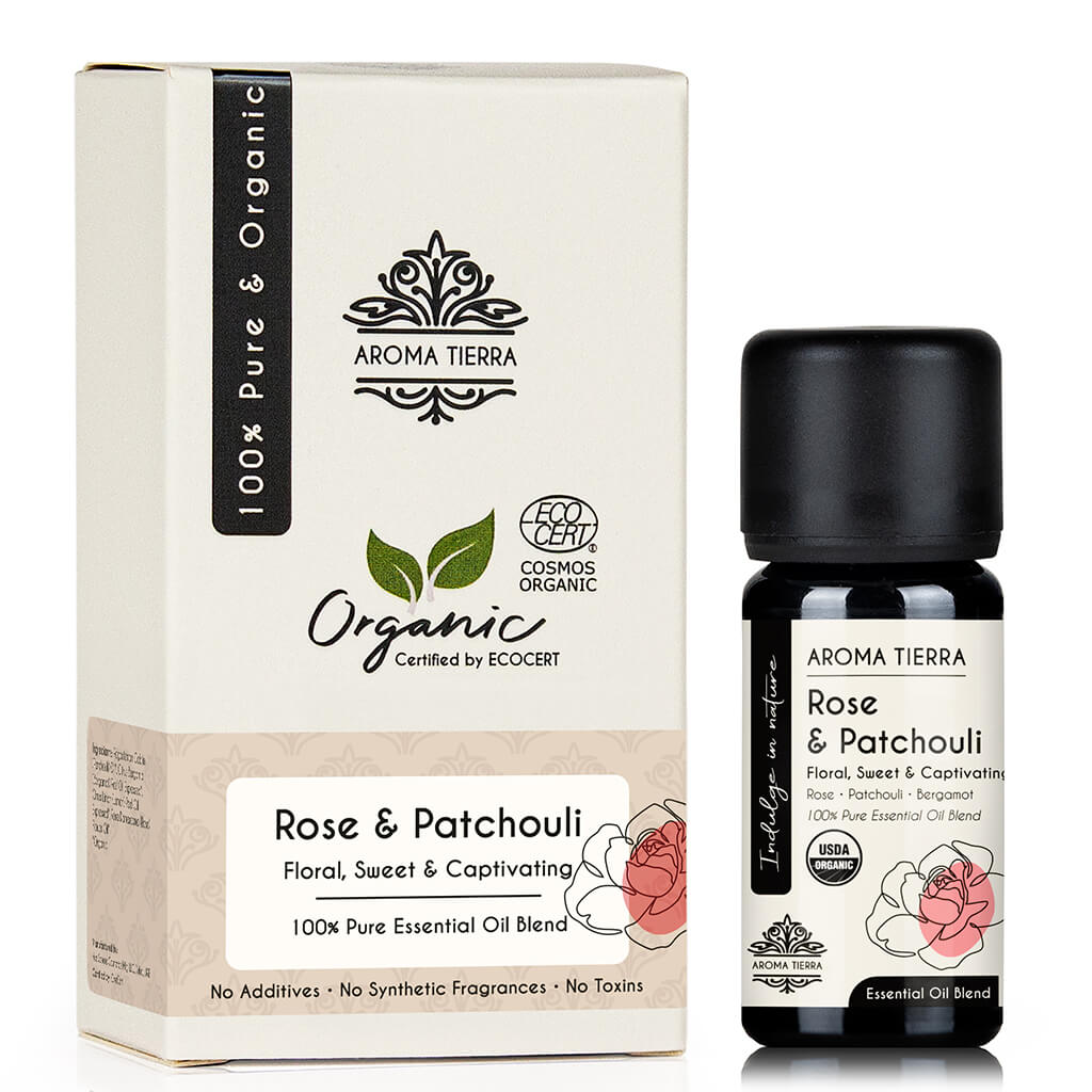 Aroma Tierra Organic Rose and Patchouli essential blended best delightful, enticing aroma for diffusers