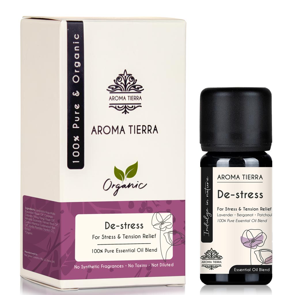De-stress Essential Oil Blend by Aroma Tierra in 10ml Violet Glass bottle with product box packaging
