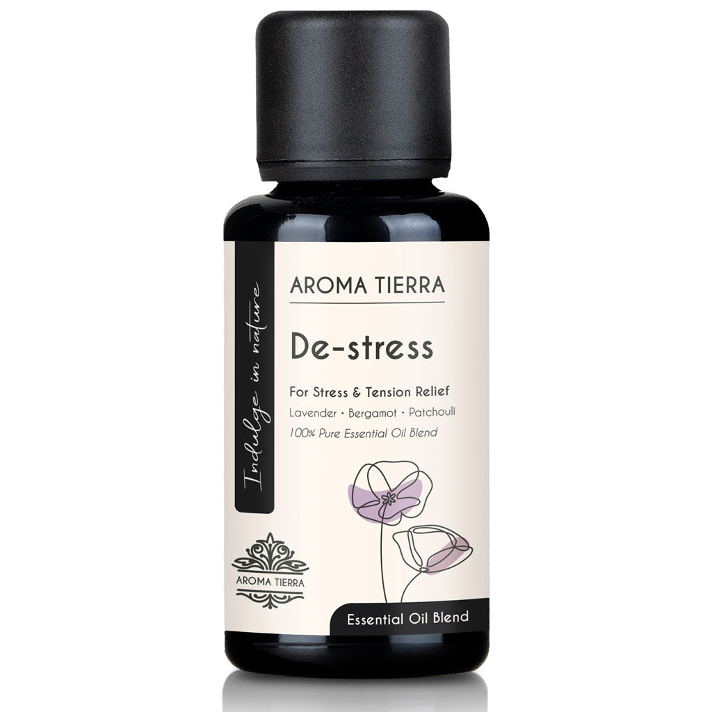 Aroma Tierra De-stress Essential Oil Blend 30ml bottle for stress and tension relief