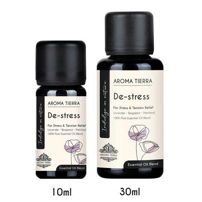 Aroma Tierra De-stress Essential Oil blends in 10ml and 30ml glass bottles for natural stress support