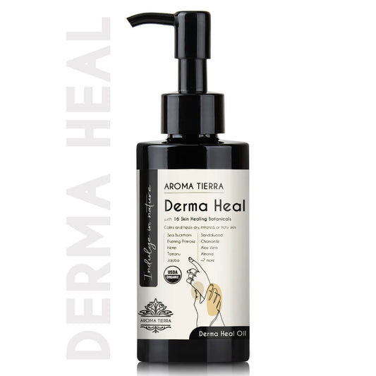 Aroma Tierra Derma Heal Oil best for dryness, redness, itchiness, eczema, atopic dermatitis, psoriasis, and skin irritation.
