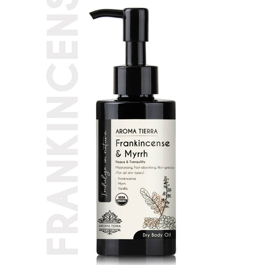 Aroma Tierra Frankincense & Myrrh body oil,  deeply soothing and grounding blend dry body oil.