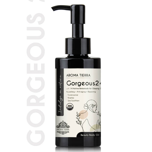 Aroma Tierra Gorgeous24 dry body oil,  deeply nourish and moisturize the skin.