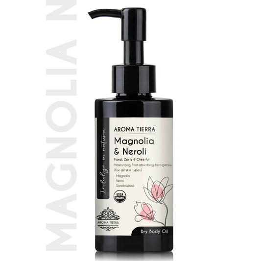 Aroma Tierra Magnolia Neroli body oil, blends of exotic rare florals. Skin moisturizer, fast absorbing and non greasy. 