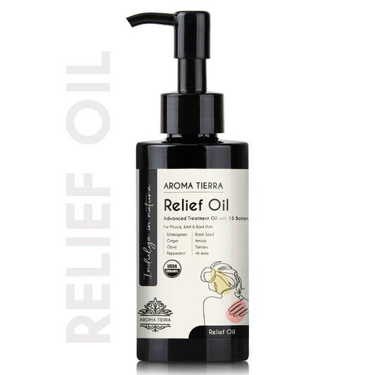 Aroma Tierra Advanced Pain Relief Oil soothe sore muscles, reduce inflammation, and relieve pain.