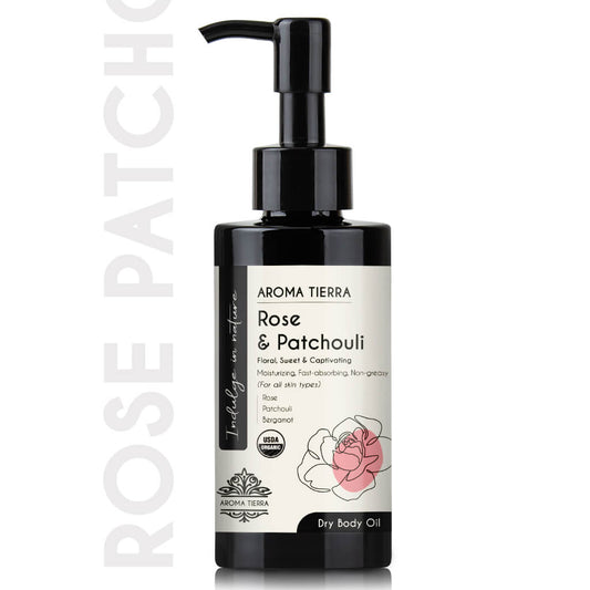 Aroma Tierra Rose and Patchouli dry body oil with floral, sweet and captivating aroma. 