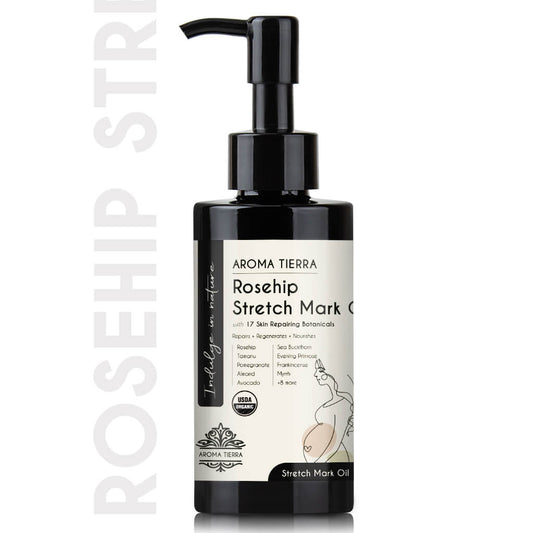 Aroma Tierra Rosehip Stretch Mark Oil repairs, regenerates and nourishes skin. 