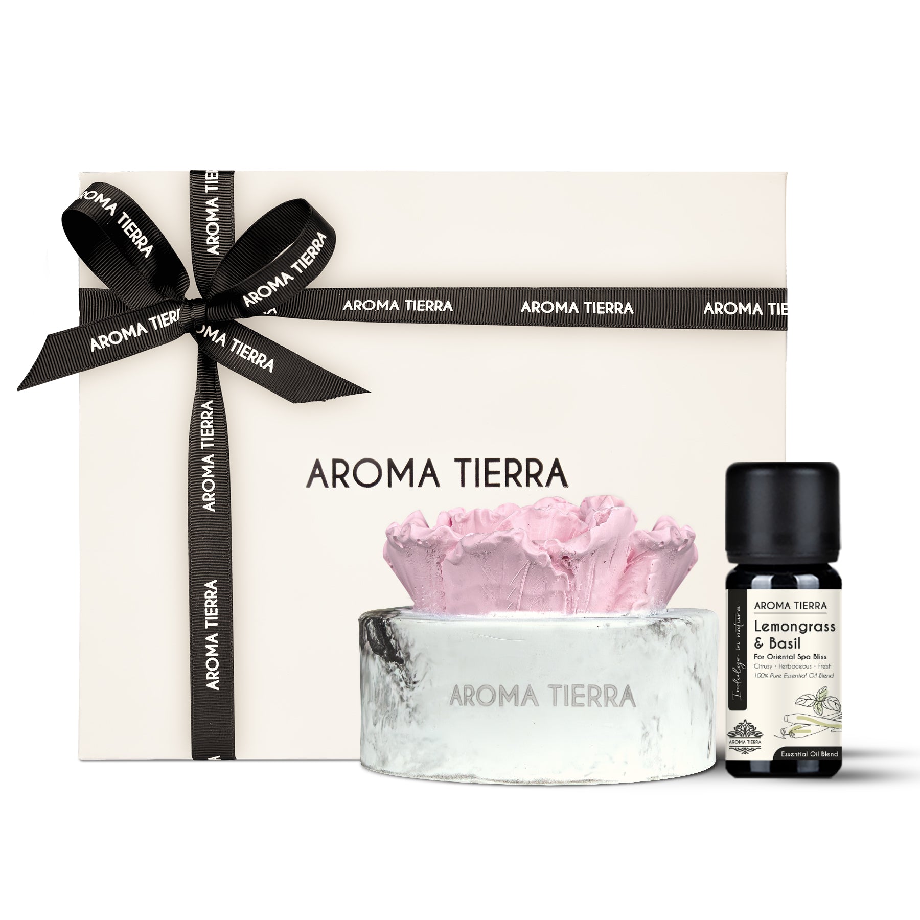 cera flora pink flower ceramic diffuser with lemongrass basil oil in gift box