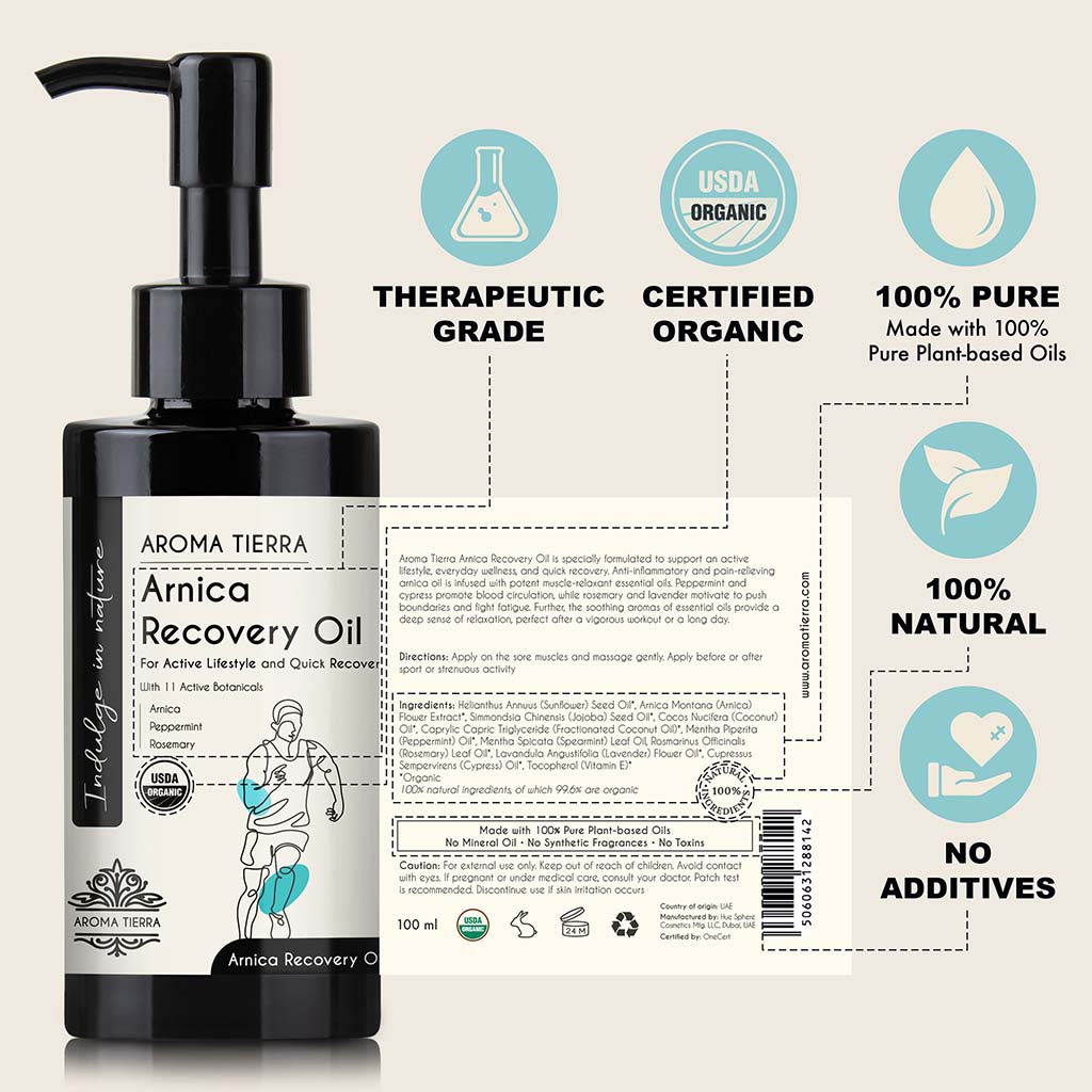 Aroma Tierra Certified Organic Arnica Recovery Body Oil 100% pure and natural no additives. Best massage oil for exercise and sporting activities 