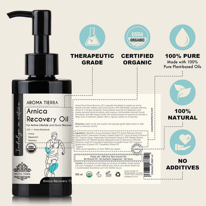 Aroma Tierra Certified Organic Arnica Recovery Body Oil 100% pure and natural no additives. Best massage oil for exercise and sporting activities 