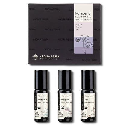 Aroma Tierra Wellness Roll-on Set – 3 organic roll-ons for sleep, stress relief, and joy, ideal for gifting and daily use.