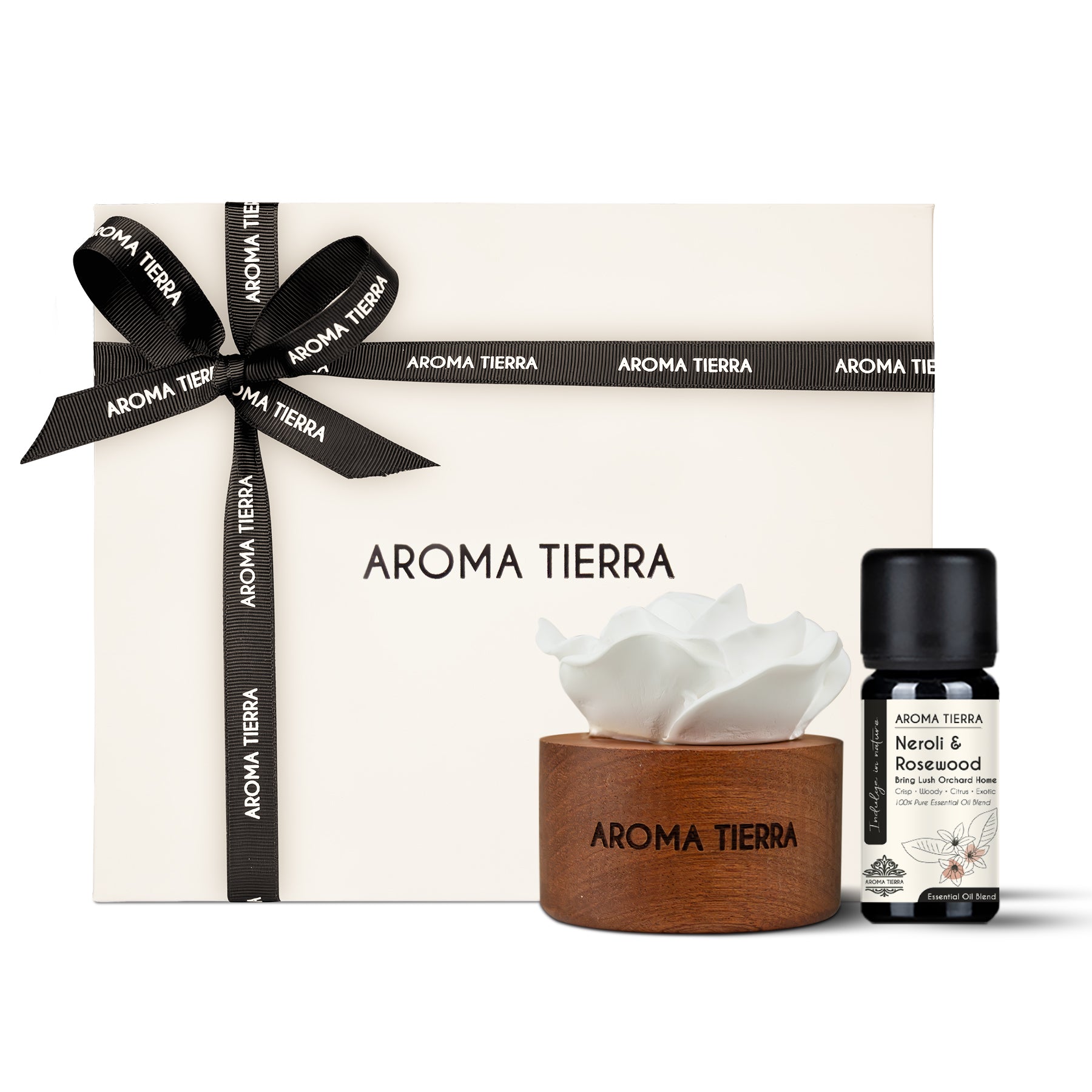cera flora wood ceramic diffuser set with neroli rosewood oil in a gift box with ribbon